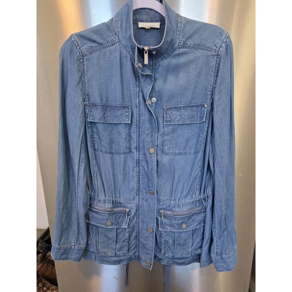 CK S Chambray Utility Jacket Full Zip‎ Cinch Waist Silver Snap Mock Neck Denim